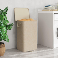 Panier à linge pliable 100L, avec poignée et couvercle en bambou, grande poignée en bambou, pliable indépendamment avec étagère