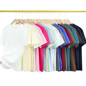 เสื้อยืดคอกลมแขนสั้นสำหรับผู้ชาย, เสื้อยืดทรงหลวมสีพื้นเปิดไหล่ผ้าฝ้ายหนัก220กรัมสำหรับฤดูร้อน - Product Image 2