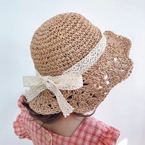 Chapeau de soleil en paille de papier pliable pour enfants, filles, tout-petits, bébés, plage, voyage, avec ruban en dentelle et nœud - Product Image 2