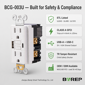 Prise murale BAREP ETL 15A 125V TR GFCI, <span class=keywords><strong>USB</strong></span>-A <span class=keywords><strong>USB</strong></span>-C 4.8A Classe A PC, résistante aux manipulations - Product Image 4