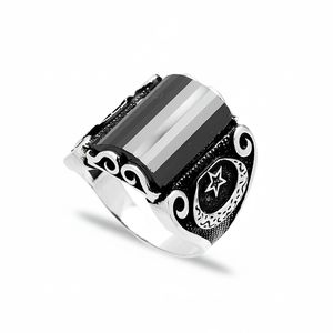 Anillo de plata de primera ley con forma de luna y estrella para hombre, sortija, plata esterlina, forma otomana, ónix, piedra rectangular, hecho a mano - Product Image 2