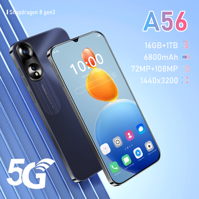 Unlocked 5G A56 Smartphone Deca-core 6.8" OLED 90Hz HD Screen 16GB+1TB Storage 48MP+108MP Cameras Dual SIM Card 6800mAh Battery