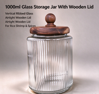 Pot de conservation en verre côtelé de 1000 ml avec couvercle hermétique en bois et bouton sphérique, récipient en borosilicate pour bonbons, haricots, aliments secs, cuisine
