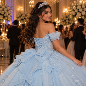 Lsdz023-Pz Charming Powder <b>Blue</b> Cold Shoulder Pleated Cap Sleeve Embroidered Leaf Lace <b>Ball</b> <b>Gown</b> Quinceanera Dress Jancemebr - Product Image 5