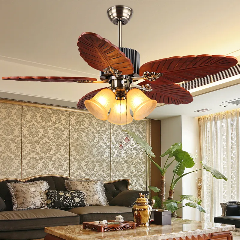 Moderne Decoratieve 36/42/48 Inch Pull Keten 5 Massief Houten Blades Kroonluchter Plafond Ventilator Met Licht