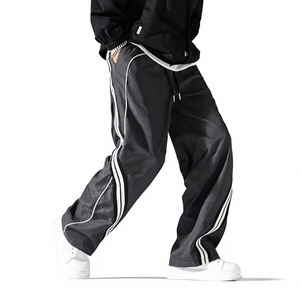 Straight-leg Loose-fit Baggy <b>Pants</b> with Ribbed Webbing Accents Cuffed Hem with Contrasting Tape Design Made of Polyester Fiber - Product Image 2
