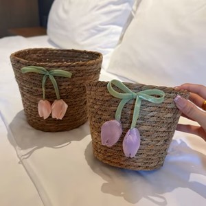 Woven Storage Basket Round Handmade Straw Tulip Decor Desktop Organizer - Product Image 1