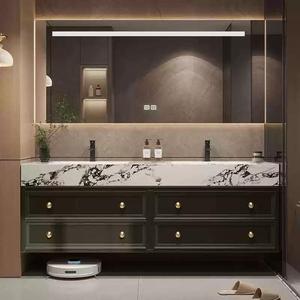 Modern <b>Bathroom</b> <b>Vanity</b> With Marble Top Ceramic Basin Led Mirror Drawers Floor Standing 60 In Dark Finish Contemporary Style - Product Image 1