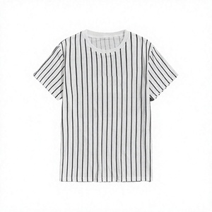 เสื้อยืดคอกลมแขนสั้นลายทางผ้าฝ้ายเจอร์ซีย์สำหรับผู้ชาย ทรงปกติ ระบายอากาศได้ดี ถักทอ สีขาวดำ - Product Image 1