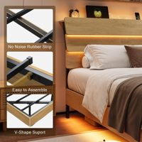 Cadre de lit Queen Size avec LED et station de charge, tête de lit en bois robuste avec rangement et lattes métalliques pour hôtels et appartements