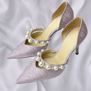 Escarpins à talons hauts pour femmes avec bride en perles, en satin brillant, à bout pointu, pour mariée, mariage, soirée, chaussures habillées confortables et élégantes, sandales à talons - Product Image 4