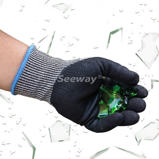 Seeway Nitrile Coated Safety Gloves Sandy Finish Cut Resistant Working Gloves with EN388 Level 5 Cut Resistance
