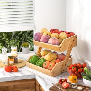 Cesta de frutas de bambú de 2 niveles, organizador de almacenamiento para encimera de cocina, soporte para condimentos y verduras, organizador de escritorio, forma rectangular - Product Image 2