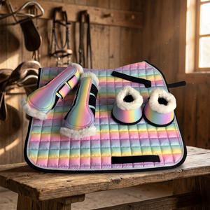 Almohadilla de silla de montar acolchada arcoíris con botas de protección a juego y botas de cascabel para equitación - Product Image 3
