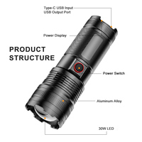 Lampe de poche tactique d'urgence 30W LED USB torche extérieure étanche lumineuse 15000 Lumens élevés Zoomable lampes de poche de panne de courant