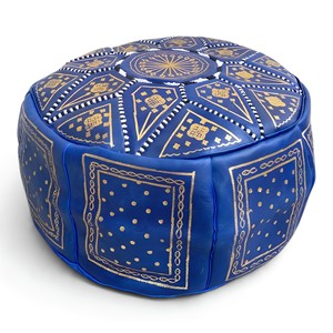 Moroccan Leather <b>Pouf</b> Round Ottoman Footrest Seat Handcrafted Beaded Stitch Accent Floor Cushion - Product Image 3