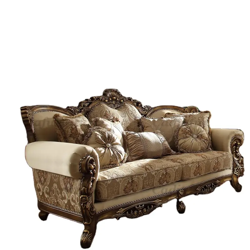 Wood Frame Fabric Living Room Sofa Sets European Luxury Hand Carved Sofa Classic Design Solid Living Room Furniture