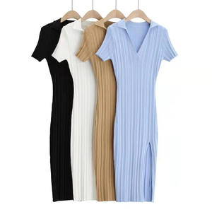 Vestido de Punto con Cuello en V y Abertura Lateral, Estilo Europeo y Americano, Nuevo Vestido de Verano para <span class=keywords><strong>Mujer</strong></span>, Falda Ajustada a la Cadera - Product Image 1