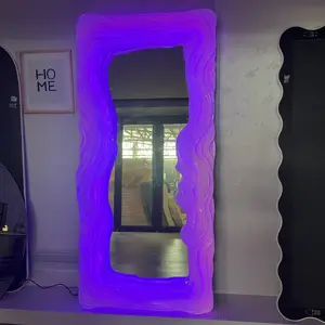LED intelligent full body floor mirror wavy asymmetric dressing mirror wall hanging irregular shaped mirror with RGB led lights