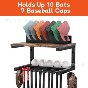 Wall Mounted Baseball Bat Storage Rack With Hat Holder And <b>Glove</b> Organizer Punch Free Design For Sports Equipment Storage - Product Image 4
