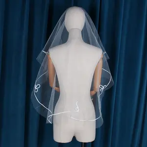 De moda Simple blanco gasa una capa de encaje de la boda borde corto velos de novia para las mujeres