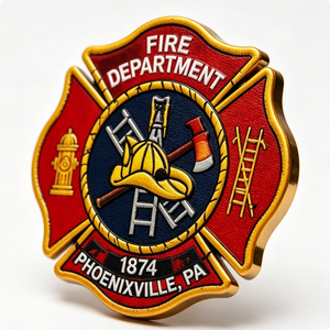 Phoenixville Fire Department 1874 PA Gold Plated Zinc Alloy Enamel <b>Badge</b> Emblem Collectible Art - Product Image 2