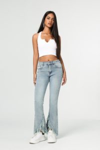 High Waisted <b>Flare</b> Jeans With <b>Sequined</b> Frayed Hem Light Blue Denim Women's Casual Summer Style Full Length Regular Fit - Product Image 1