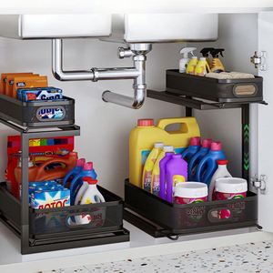 Mesh Height Adjustable <b>Pull</b> <b>Out</b> Dish Under the Bathroom Cabinet Drying Spice Sink Storage Rack With 2-Tier Slide <b>Out</b> Drawer - Product Image 1