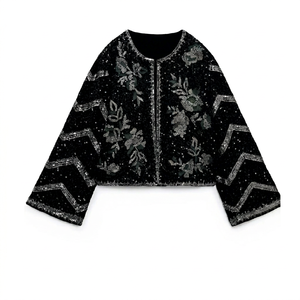 Women's Vintage Embroidered <b>Sequin</b> Quilted <b>Jacket</b> Long Sleeves Short Winter Breathable Fashion Shiny Customized Color Canvas - Product Image 1