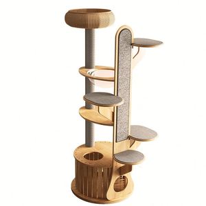 Arbre à chat haut en bois de caoutchouc massif de qualité supérieure avec lit de repos tressé, poteau à gratter en sisal, griffoir mural et condo fermé pour chat - Product Image 5