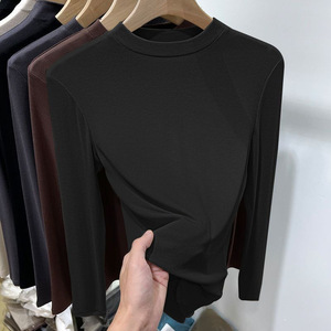 Women Stand Collar Long Sleeve Base Shirt Solid Color Slim Fit Autumn Winter Warm Top Mustard Black Coffee Olive Green Yellow - Product Image 4