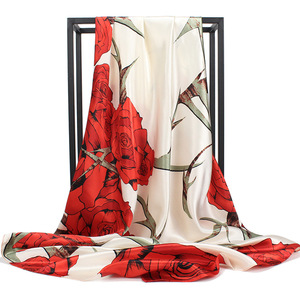 Flower Floral Digital Printed 90x90cm Polyester Satin <strong>Silk</strong> Square <strong>Scarf</strong> <strong>Women</strong> - Product Image 1