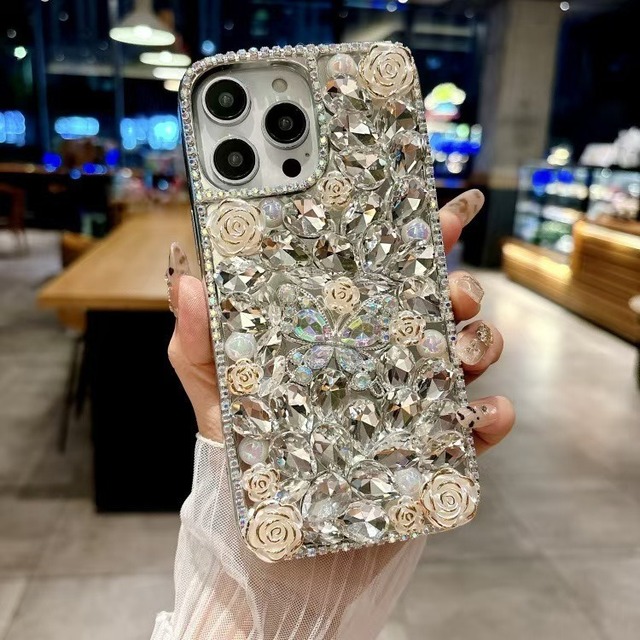 Diamond-Studded Rhinestone Pearl Case for 16 Pro Max Butterfly Flower Silicone Gel Shockproof Protective Case for iPhone 17 15