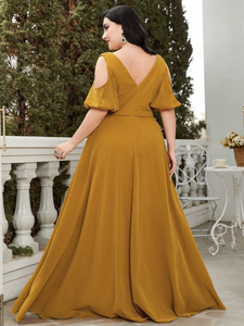 <span class=keywords><strong>Vestido</strong></span> de Noche Elegante de Gasa para Mujer Tallas Grandes, con Cuello en V, <span class=keywords><strong>Manga</strong></span> Media Farol, Hombros Descubiertos, Cinturón en la Cintura y Cremallera Trasera - Product Image 2