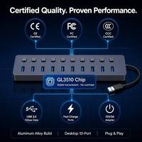 10-poorts USB 3.0 hub met individuele aan/uit-schakelaars, LED, 5Gbps, gevoed via DC 12V 4A, aluminium, voor laptop, desktop computer, meerdere apparaten