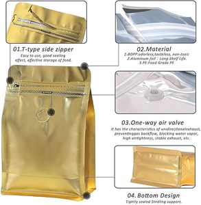 Gold Coffee Bags with Valve (16 oz, 1 lb) Stand <b>Up</b> Pouches Resealable Vented Degassing Valve Easy <b>Open</b> Tape Food Storage Bags - Product Image 3