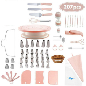 Willia 207pcs Stainless Steel Pink <strong>Cake</strong> Decorating Kit Includes Revolving Turntable Icing Bags <strong>Cake</strong> Scraper Piping - Product Image 2