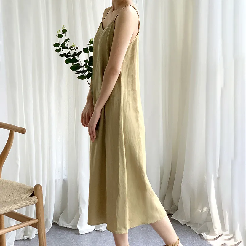 Verano personalizar 55% Lino 45% algodón Casual Simple elegante francés Sexy Retro del estilo de las mujeres vestido largo vestidos