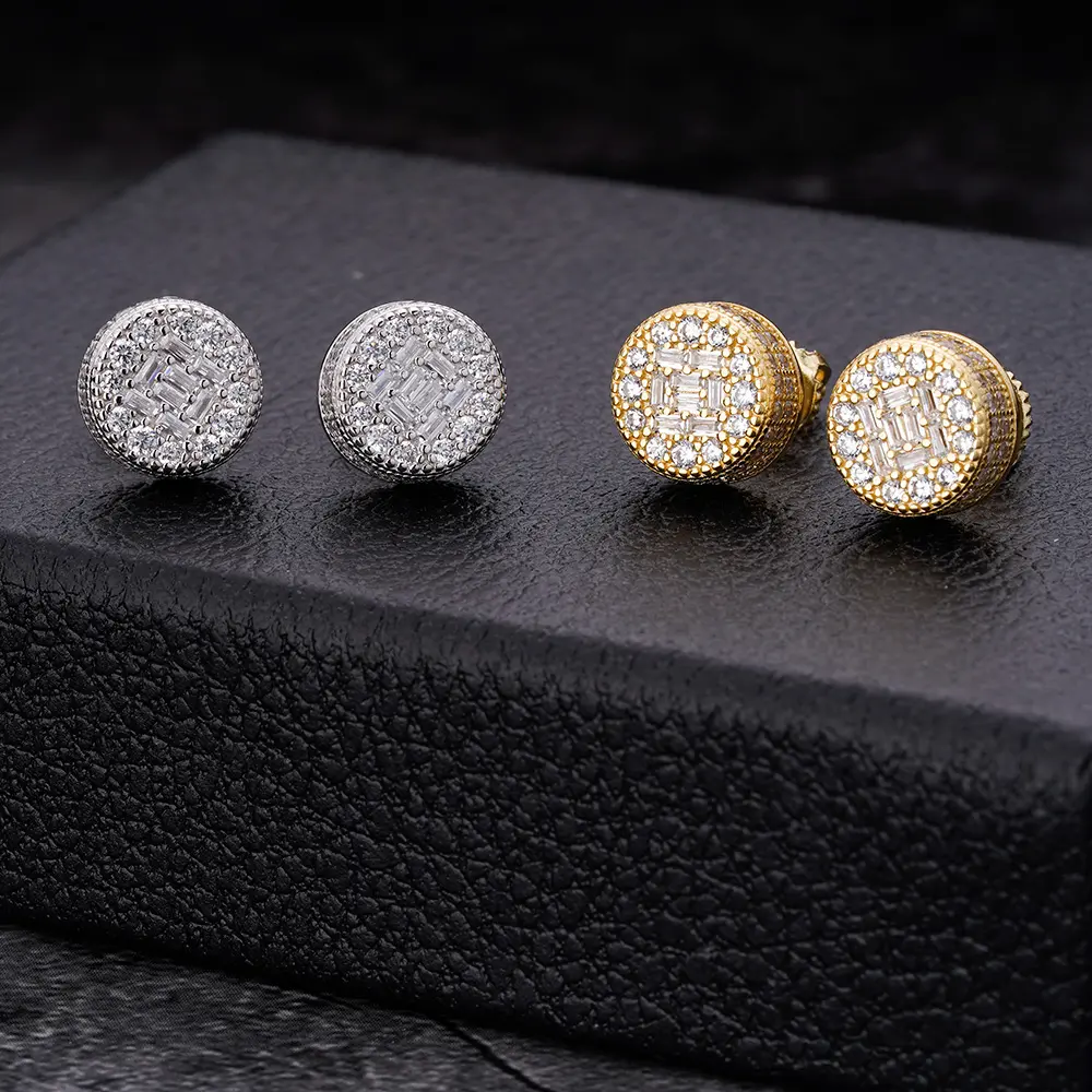 Bling Iced Out Micro Full Paved Round Brass 5A Cubic Zircon Stud Earring For Men Jewelry