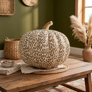 Vase à fleurs en céramique artisanale bohème en forme de citrouille, blanc mat avec feuille d'or, décoration d'intérieur - Product Image 3