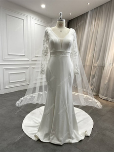 Robe de mariée chic décolleté plongeant manches longues crêpe robes de mariée sirène <span class=keywords><strong>avec</strong></span> cape <span class=keywords><strong>amovible</strong></span> - Product Image 2
