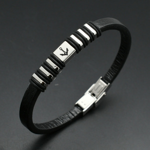 Bracelet <span class=keywords><strong>de</strong></span> poignet en acier inoxydable 316L véritable cuir noir sans nickel Émail noir <span class=keywords><strong>Ancre</strong></span> Roue <span class=keywords><strong>de</strong></span> <span class=keywords><strong>bateau</strong></span> pour hommes <span class=keywords><strong>de</strong></span> luxe - Product Image 1
