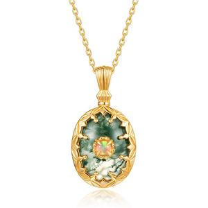 Kalung Liontin Batu Akik Lumut Hijau Organik Vintage Berlapis Emas 18k Oval Perhiasan Mewah - Product Image 1