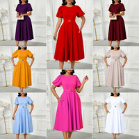 Robe d'été D590 de haute qualité pour femme, décontractée et élégante, à manches bouffantes, taille haute, col rond, coupe trapèze, style africain
