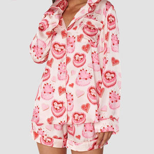 QINSI Women Valentine's Day Pyjama Print 2 Pieces Lapel Long Sleeves <strong>Shorts</strong> <strong>Pj</strong> Set Satin Pajama Set <strong>Christmas</strong> Nightie Sleepwear - Product Image 2