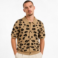 Cardigan en tricot à col cranté pour homme, motif léopard kaki, manches courtes, polyester, style décontracté urbain, printemps-été, personnalisable OEM & ODM