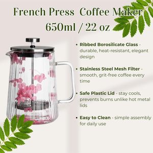 Cafetera Francesa de Doble Pared con Capa de Flores Secas - Cafetera Manual, Espumador de Leche - Product Image 3