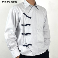 Kemeja Pria Gaya Cina Kustom OEM, Kancing Simpul, Placket Depan Asimetris, Lengan Panjang, Kerah Klasik