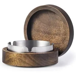 Stainless Steel Liner Ash Tray Windproof Durable Easy to Clean Cool Ashtrays for Smokers Wooden Ashtray with Lid