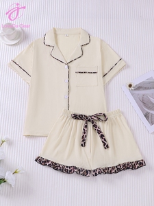 <span class=keywords><strong>Pigiama</strong></span> Estivo da Donna Loveda con Logo Personalizzato, Stampa Leopardata, Top a Maniche Corte e Pantaloncini con Fiocco, Set <span class=keywords><strong>Pigiama</strong></span> Leggero - Product Image 4